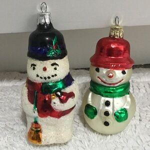 2 Vintage Czech Republic Blown Glass Snowmen Ornaments